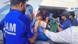 Emergency medical evacuation by air ambulance team.