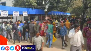 Crowd gathered around food stalls at outdoor event.