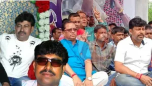 Men seated at public gathering with collage overlay