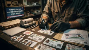 Person forging identification cards at cluttered desk