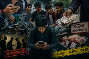 Teen boy using phone amid crime warning imagery